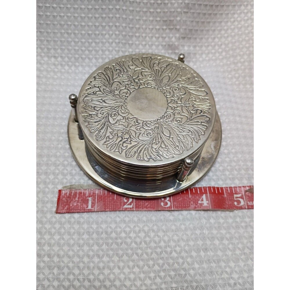 Vintage Ornate Silverplate Floral Etched 7-Piece Stackable Coaster Barware Set